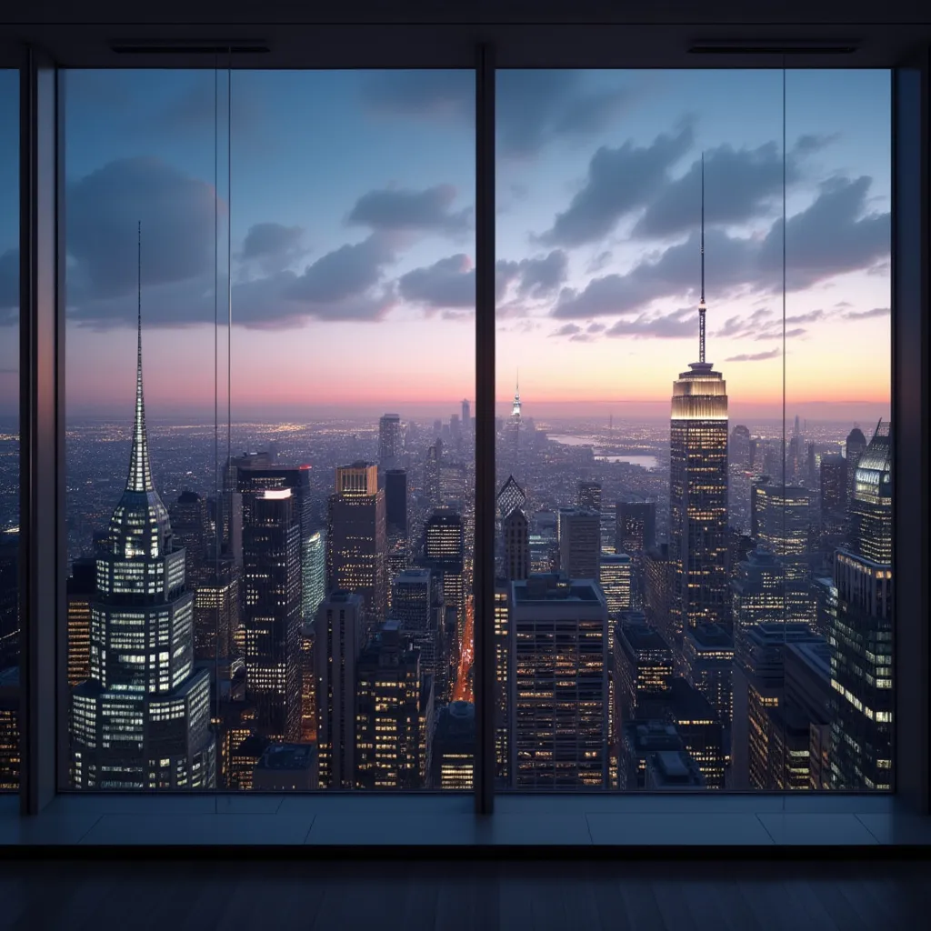 Vista de la ciudad desde una oficina al anochecer